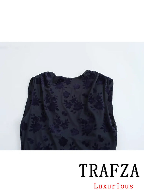 TRAFZA Vintage Casual Chic Women Flocking Suit O-Neck Backless Sleeveless Top Asymmetrical Long Skirt Fashion 2025 Spring Suit