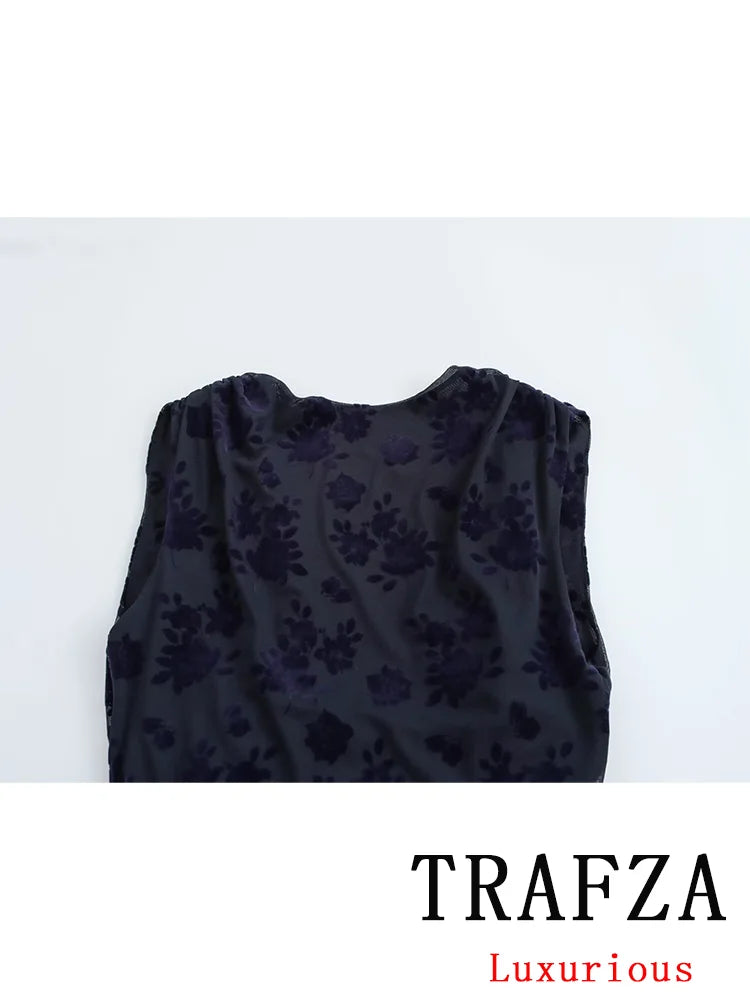 TRAFZA Vintage Casual Chic Women Flocking Suit O-Neck Backless Sleeveless Top Asymmetrical Long Skirt Fashion 2025 Spring Suit