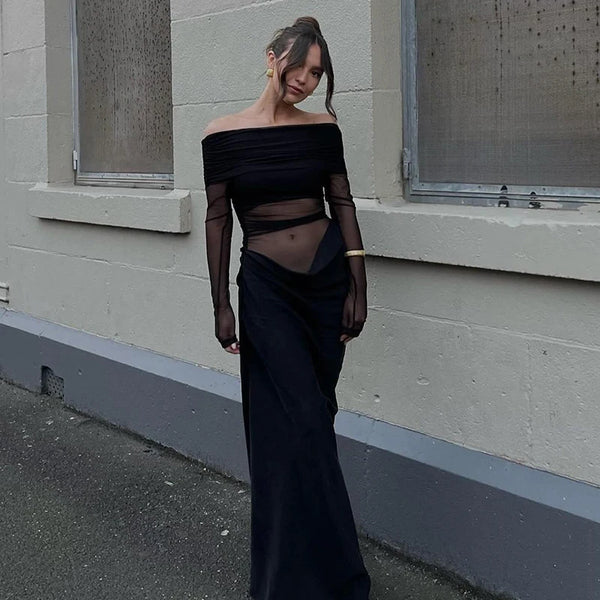 Y2k Summer New Solid Color Long Sleeve Off Shoulder Dresses Sexy Wrap Hip Mesh See Through Ruched Patchwork Long Dress 2025 New