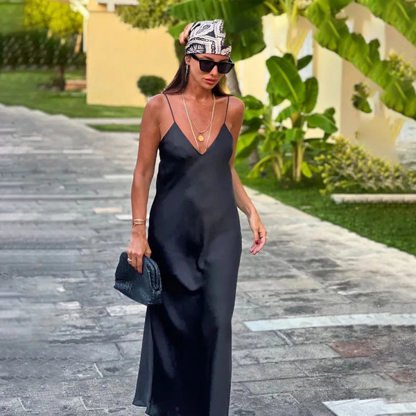 2025 Women's New Chic Fashion Temperament Satin Thin Shoulder Strap Underwear Slim Long Dress Retro Backless Women's Dress Mujer