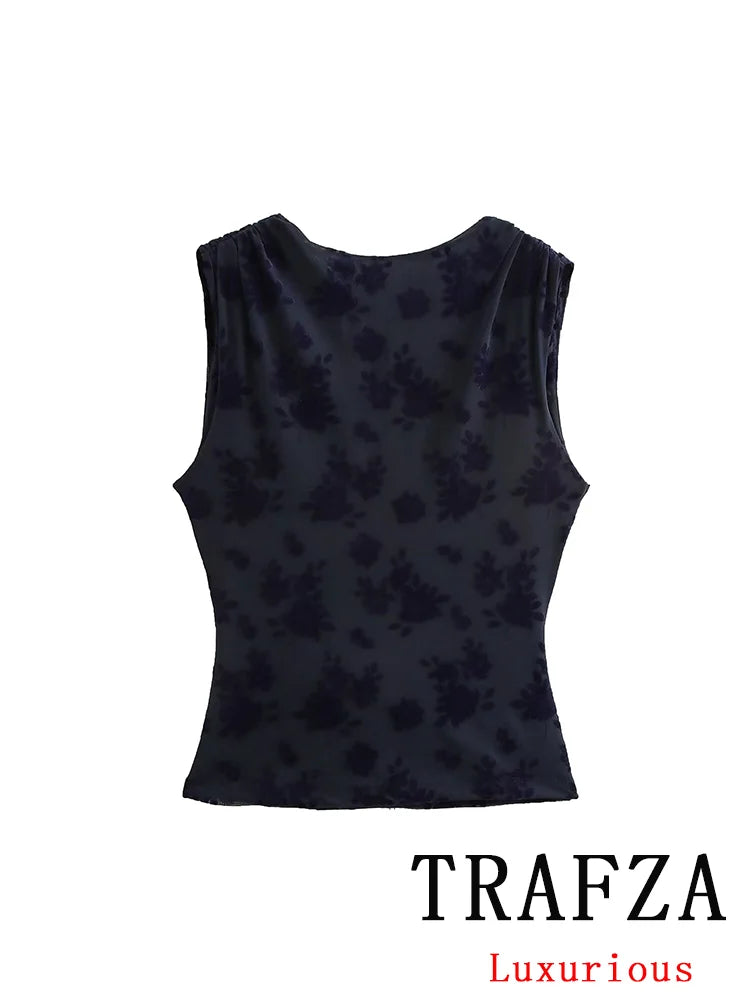 TRAFZA Vintage Casual Chic Women Flocking Suit O-Neck Backless Sleeveless Top Asymmetrical Long Skirt Fashion 2025 Spring Suit