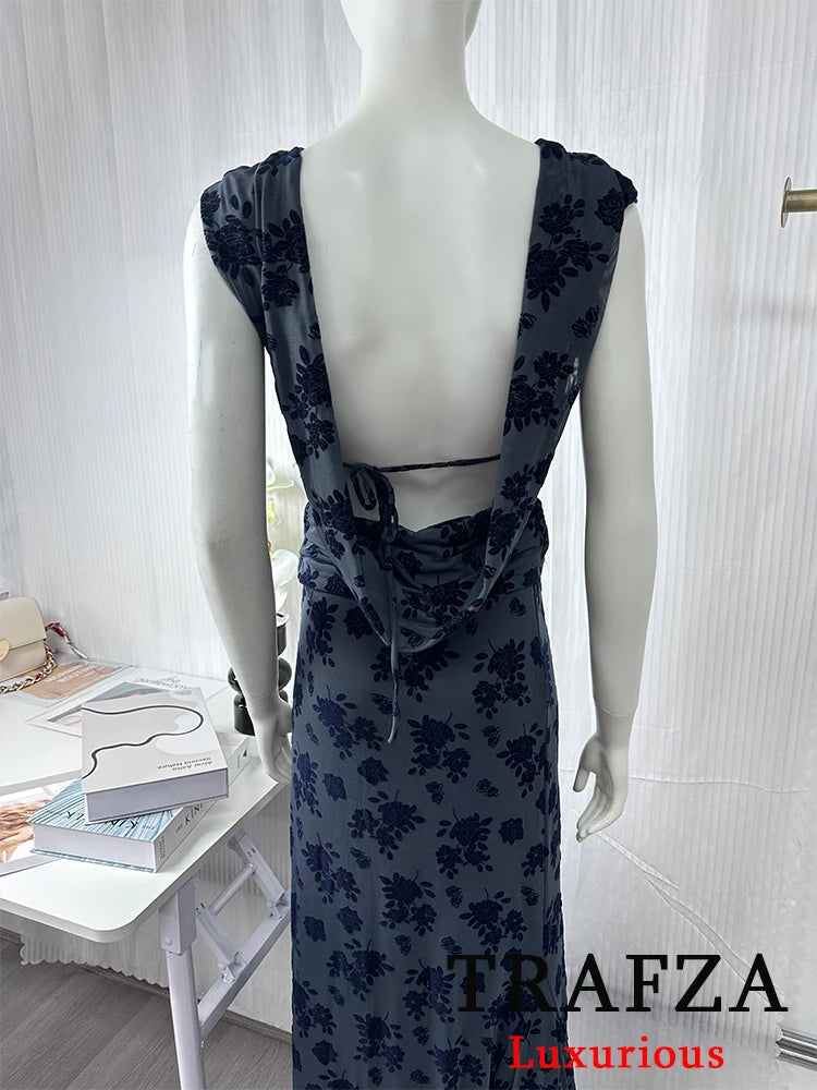 TRAFZA Vintage Casual Chic Women Flocking Suit O-Neck Backless Sleeveless Top Asymmetrical Long Skirt Fashion 2025 Spring Suit