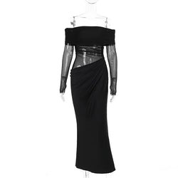 Y2k Summer New Solid Color Long Sleeve Off Shoulder Dresses Sexy Wrap Hip Mesh See Through Ruched Patchwork Long Dress 2025 New