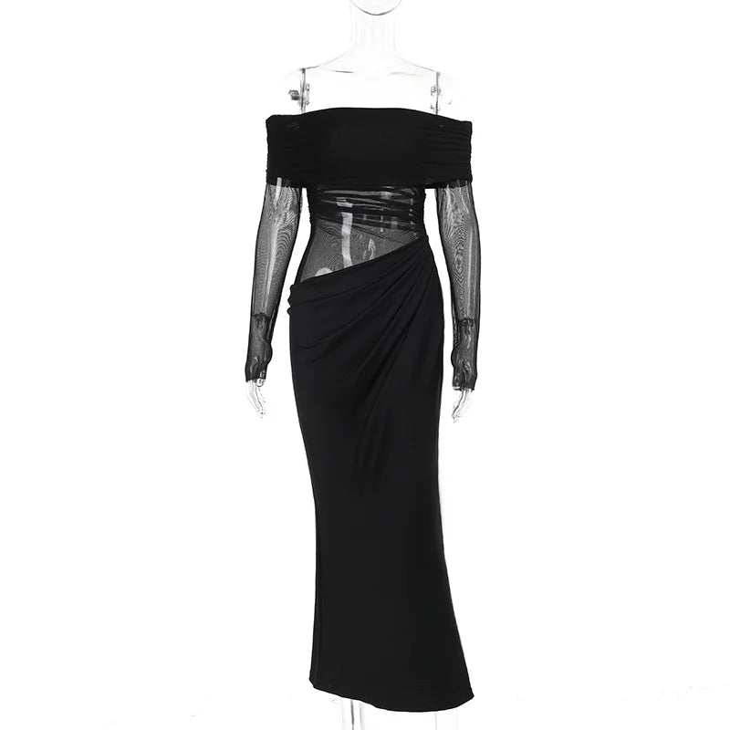 Y2k Summer New Solid Color Long Sleeve Off Shoulder Dresses Sexy Wrap Hip Mesh See Through Ruched Patchwork Long Dress 2025 New