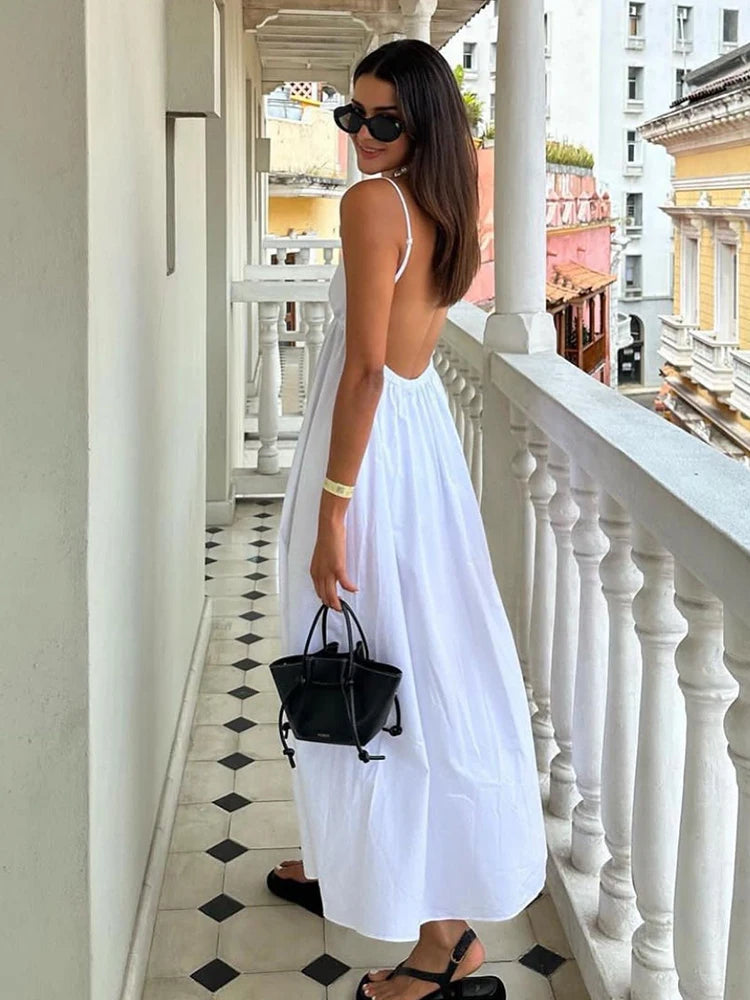 Sexy Backless Midi Dress Sleeveless V Neck Dress 2025 Fashion Summer Woman Causal Loose Beach Dress Holiday White Long Dress
