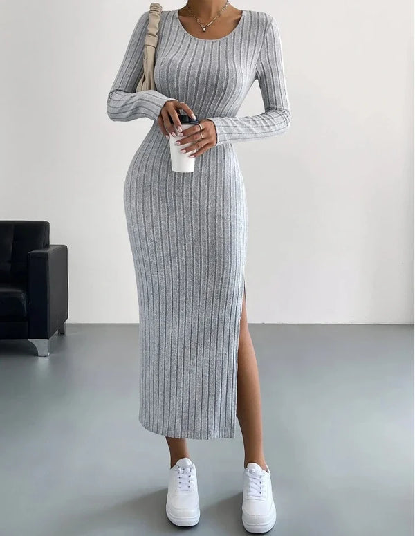 Casual Elegant Women Dresses 2025 Autumn Winter New Long Sleeve Round Neck Split Knit Fashion Slim Long Dress Female Clothing