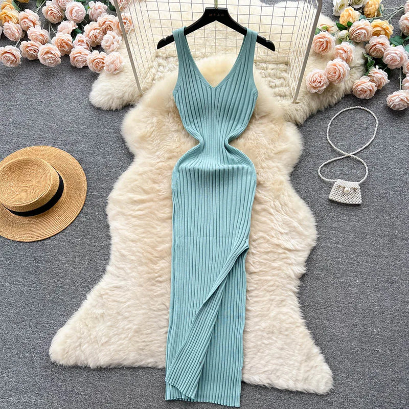 Chic Fashion Sexy Wrap Hips Split Knitted Autumn Dress Women Slim Elastic Bodycon Long Dress Streetwear Outfits Vestido