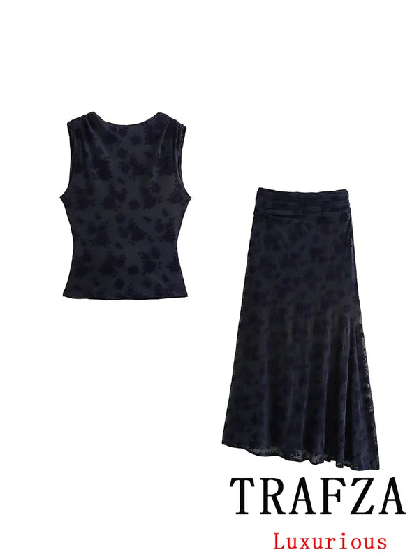 TRAFZA Vintage Casual Chic Women Flocking Suit O-Neck Backless Sleeveless Top Asymmetrical Long Skirt Fashion 2025 Spring Suit