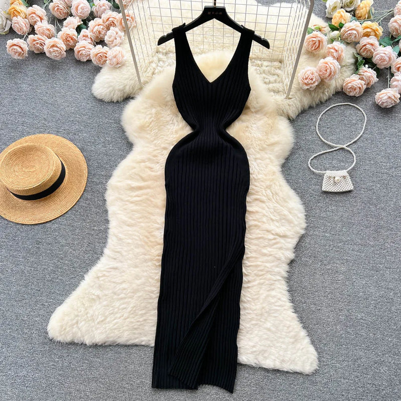 Chic Fashion Sexy Wrap Hips Split Knitted Autumn Dress Women Slim Elastic Bodycon Long Dress Streetwear Outfits Vestido